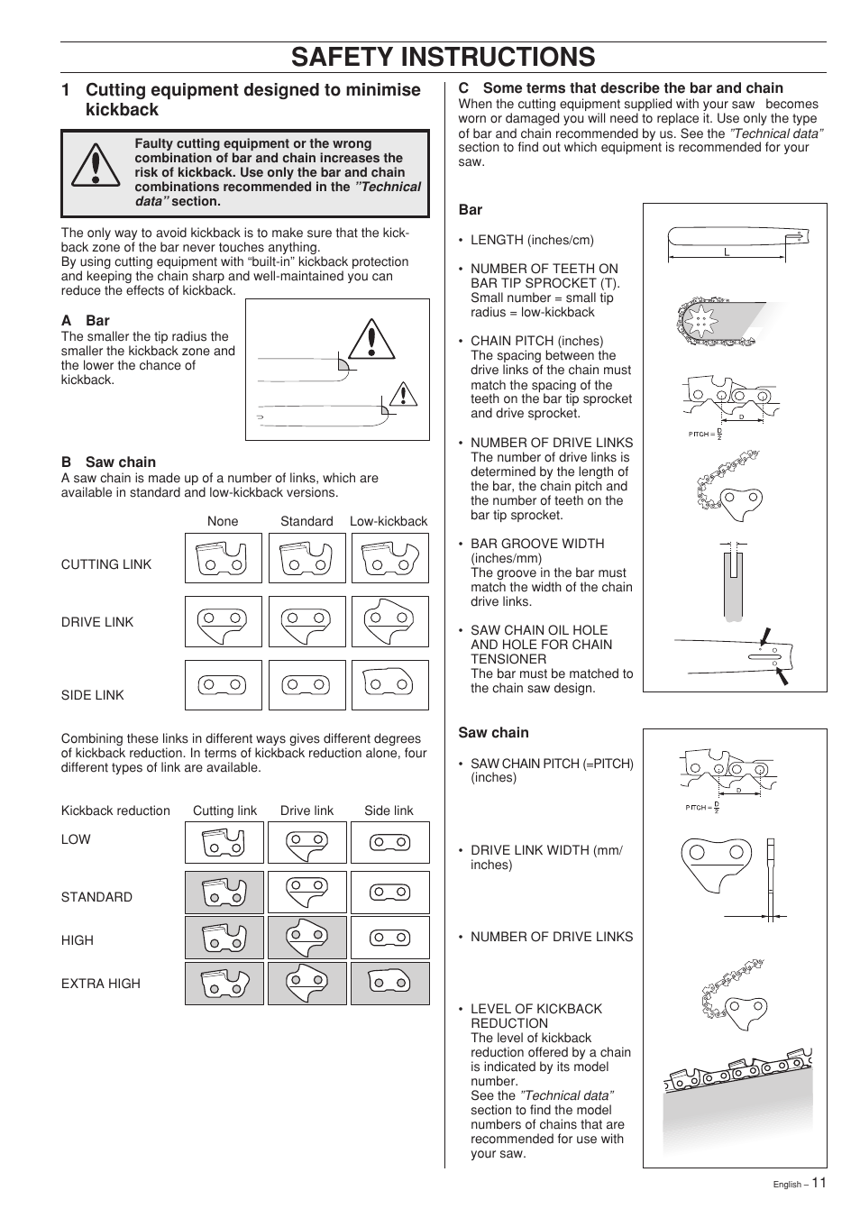 Safety instructions, 1 cutting equipment designed to minimise kickback | Jonsered 2141 User Manual | Page 11 / 36