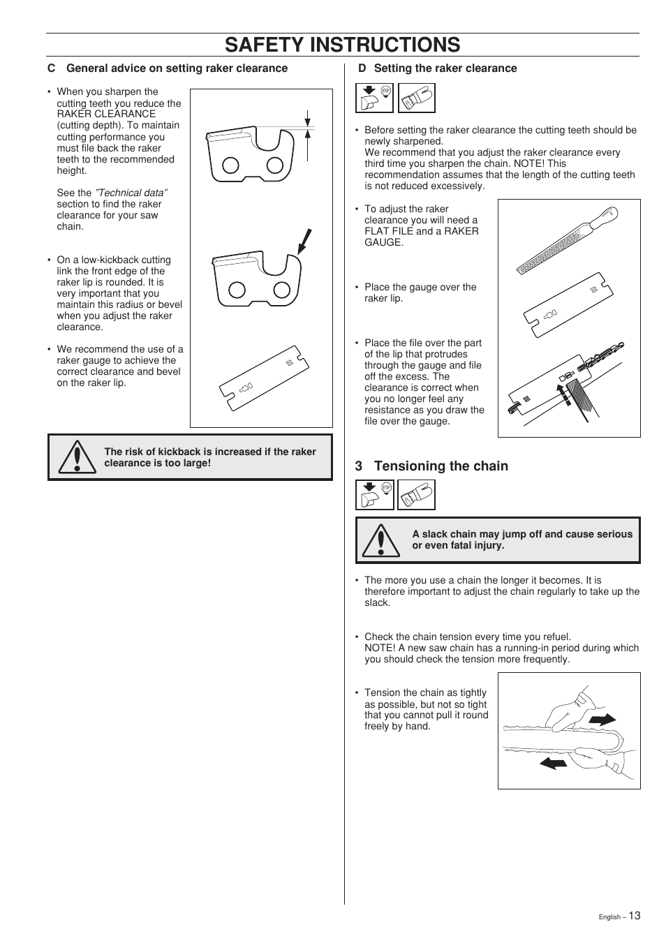Safety instructions, 3 tensioning the chain | Jonsered 2141 User Manual | Page 13 / 36