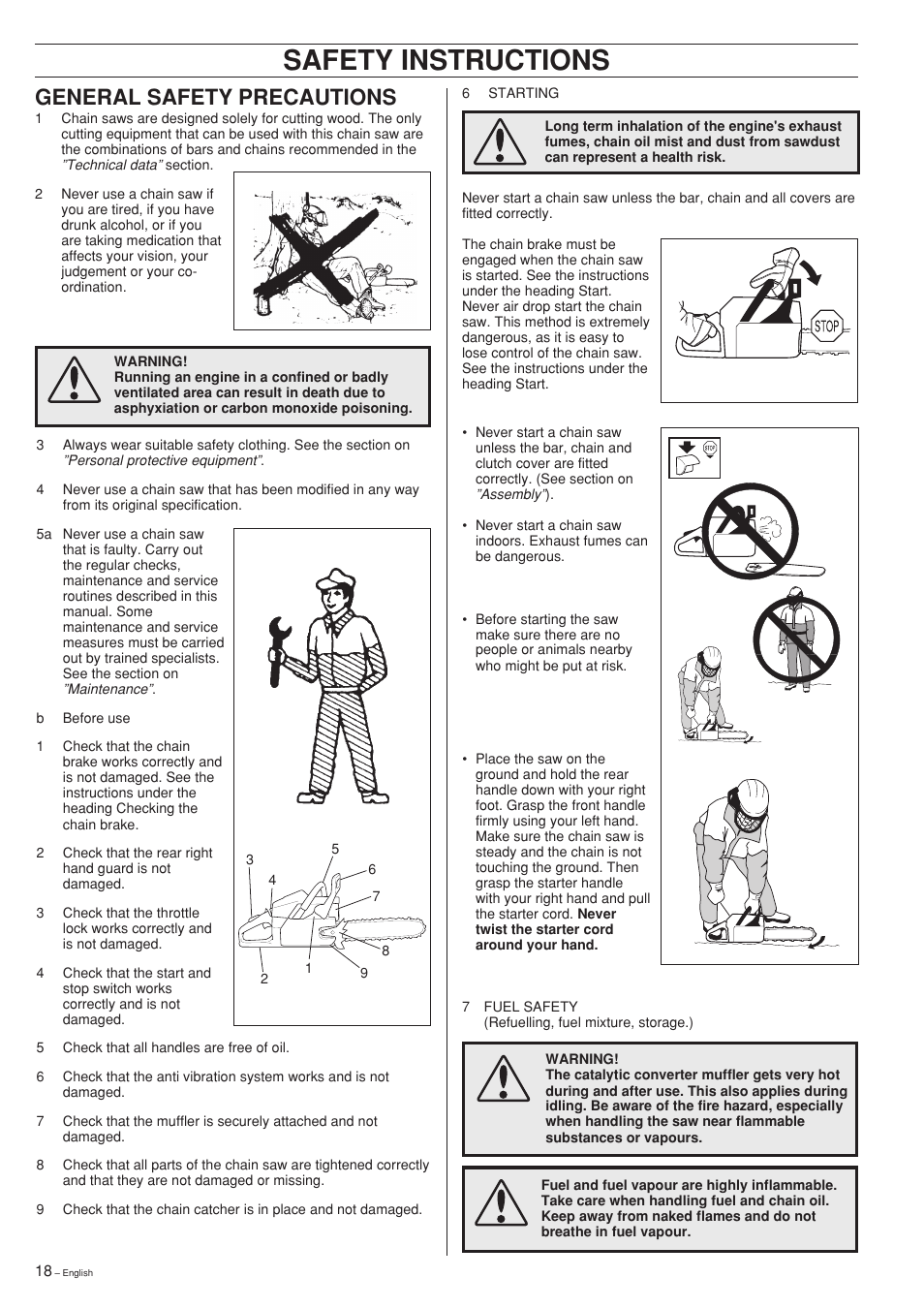 Safety instructions, General safety precautions | Jonsered 2141 User Manual | Page 18 / 36