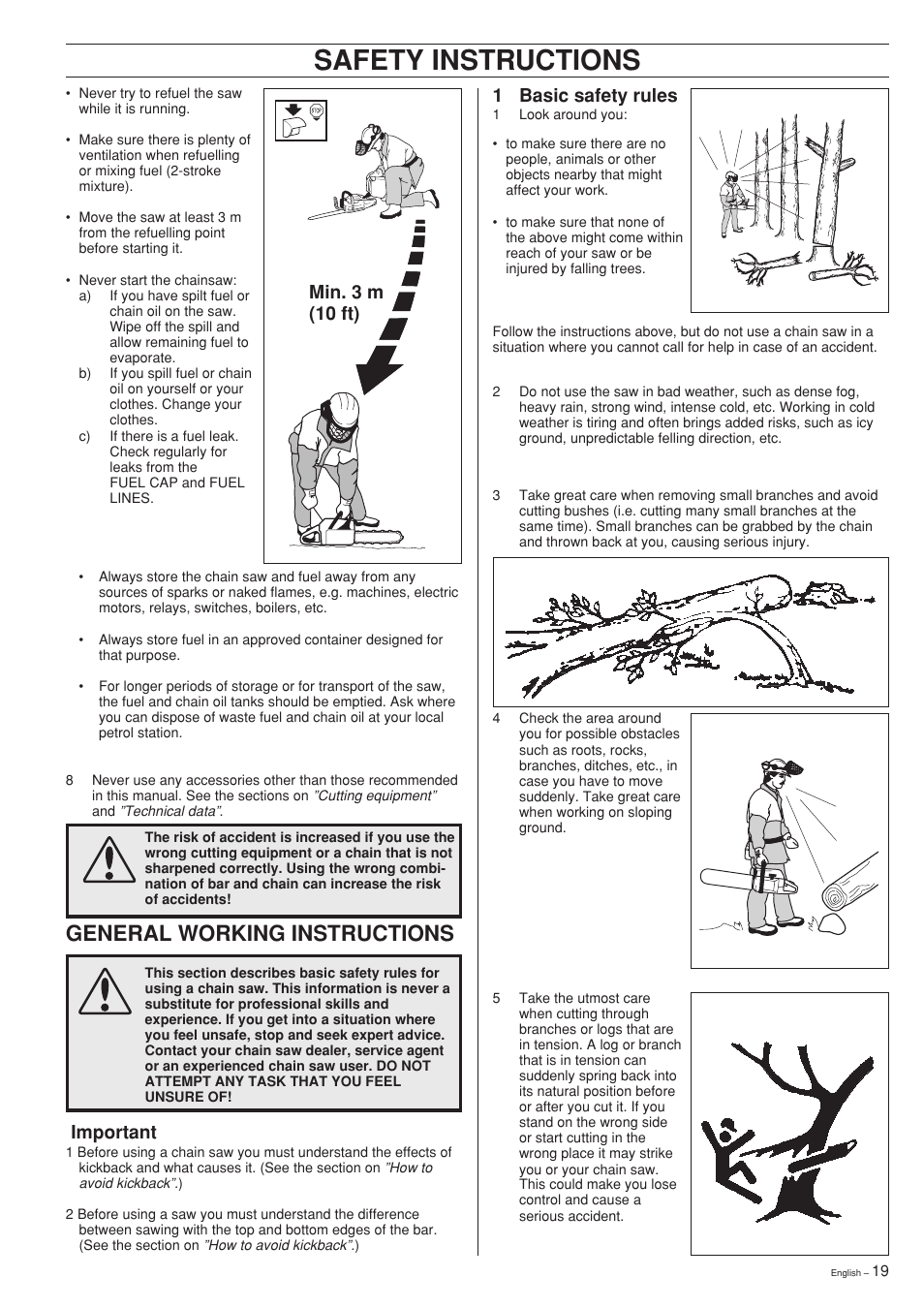 Safety instructions, General working instructions, Min. 3 m (10 ft) | Important, 1 basic safety rules | Jonsered 2141 User Manual | Page 19 / 36