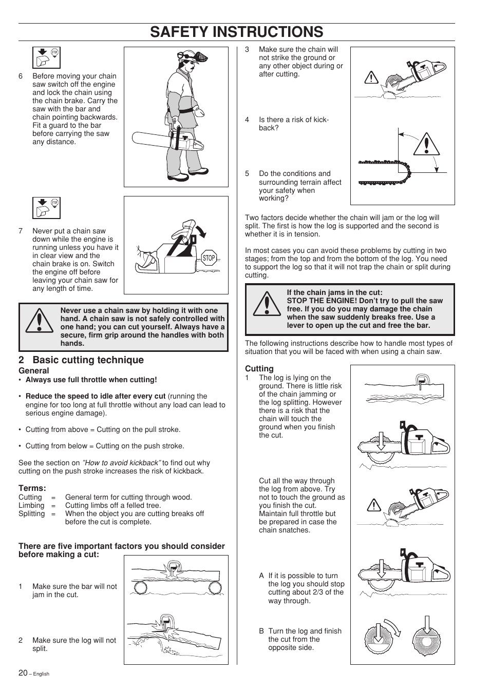 Safety instructions, 2 basic cutting technique | Jonsered 2141 User Manual | Page 20 / 36