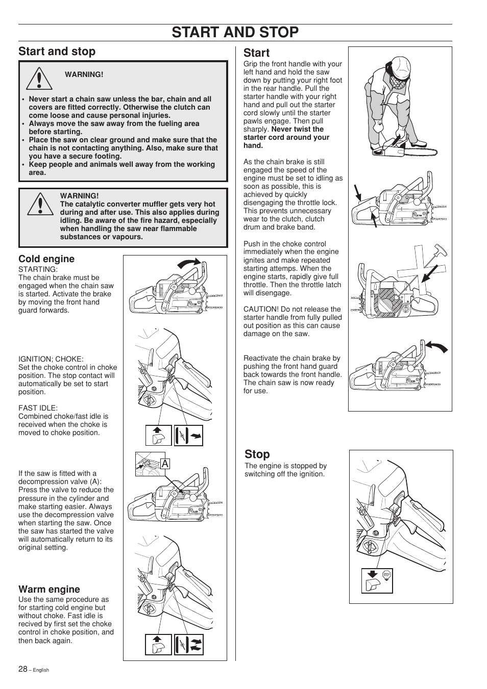 Start and stop, Start, Stop | Jonsered 2141 User Manual | Page 28 / 36