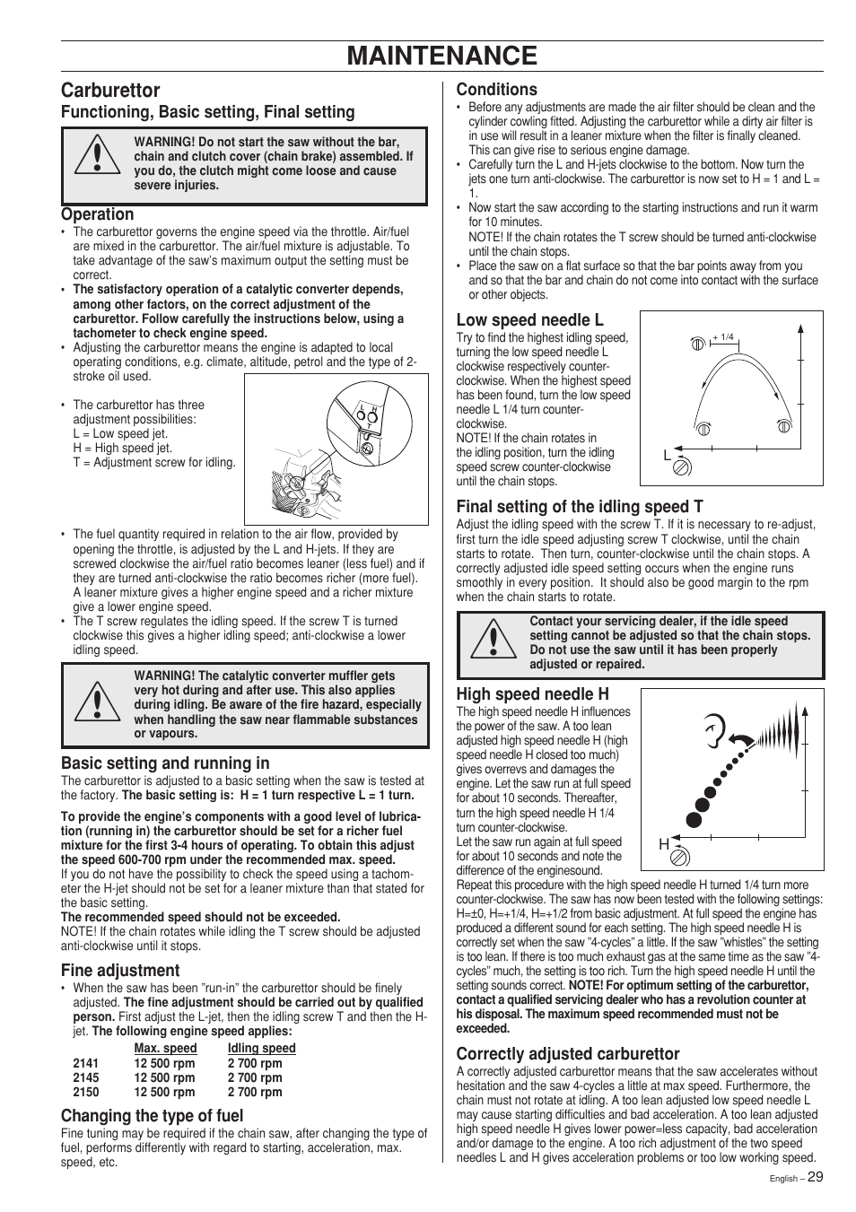 Maintenance, Carburettor | Jonsered 2141 User Manual | Page 29 / 36