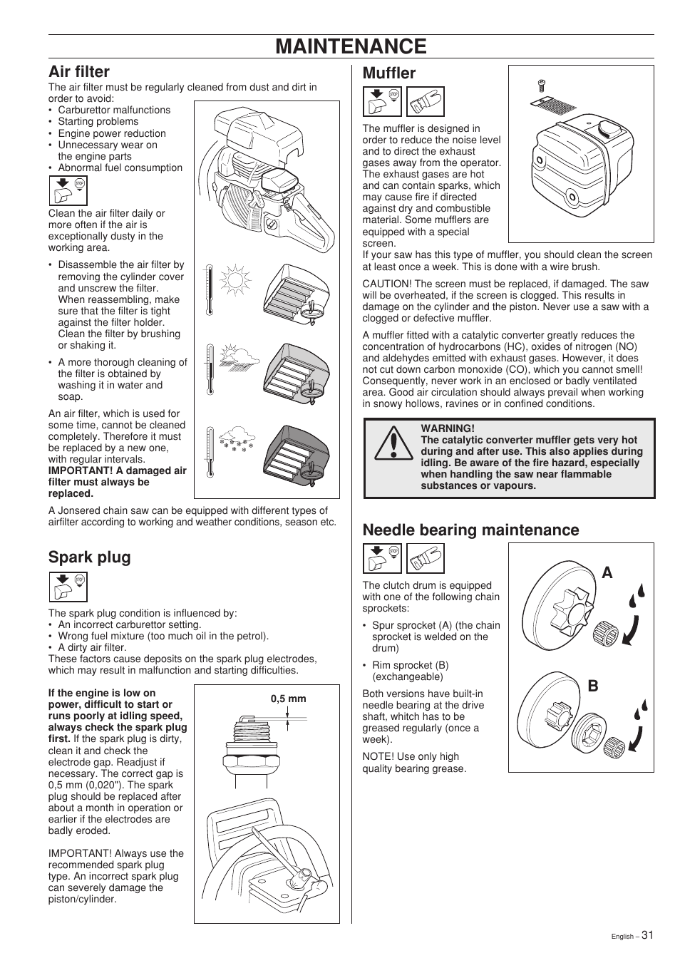Maintenance, Muffler, Spark plug | Air filter, Needle bearing maintenance | Jonsered 2141 User Manual | Page 31 / 36