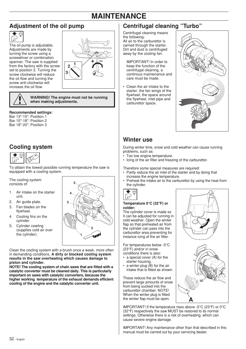 Maintenance, Cooling system, Centrifugal cleaning ”turbo | Winter use, Adjustment of the oil pump | Jonsered 2141 User Manual | Page 32 / 36