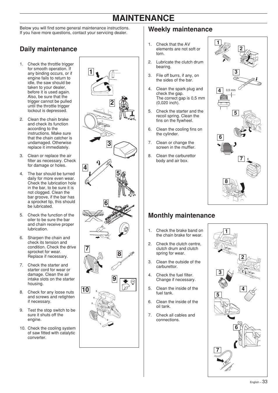 Daily maintenance, Weekly maintenance, Monthly maintenance | Maintenance | Jonsered 2141 User Manual | Page 33 / 36