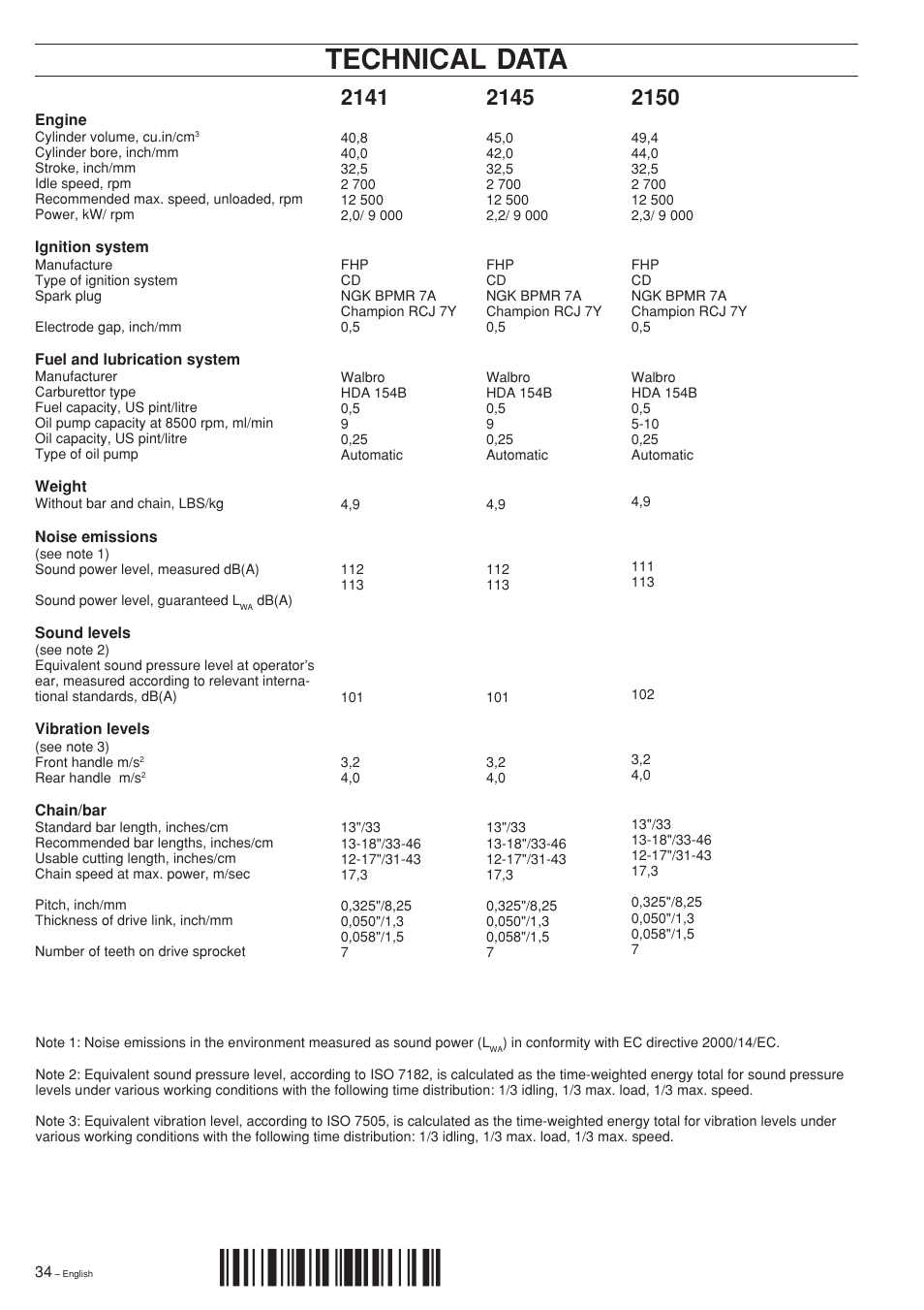 Technical data, Xst¶6i | Jonsered 2141 User Manual | Page 34 / 36