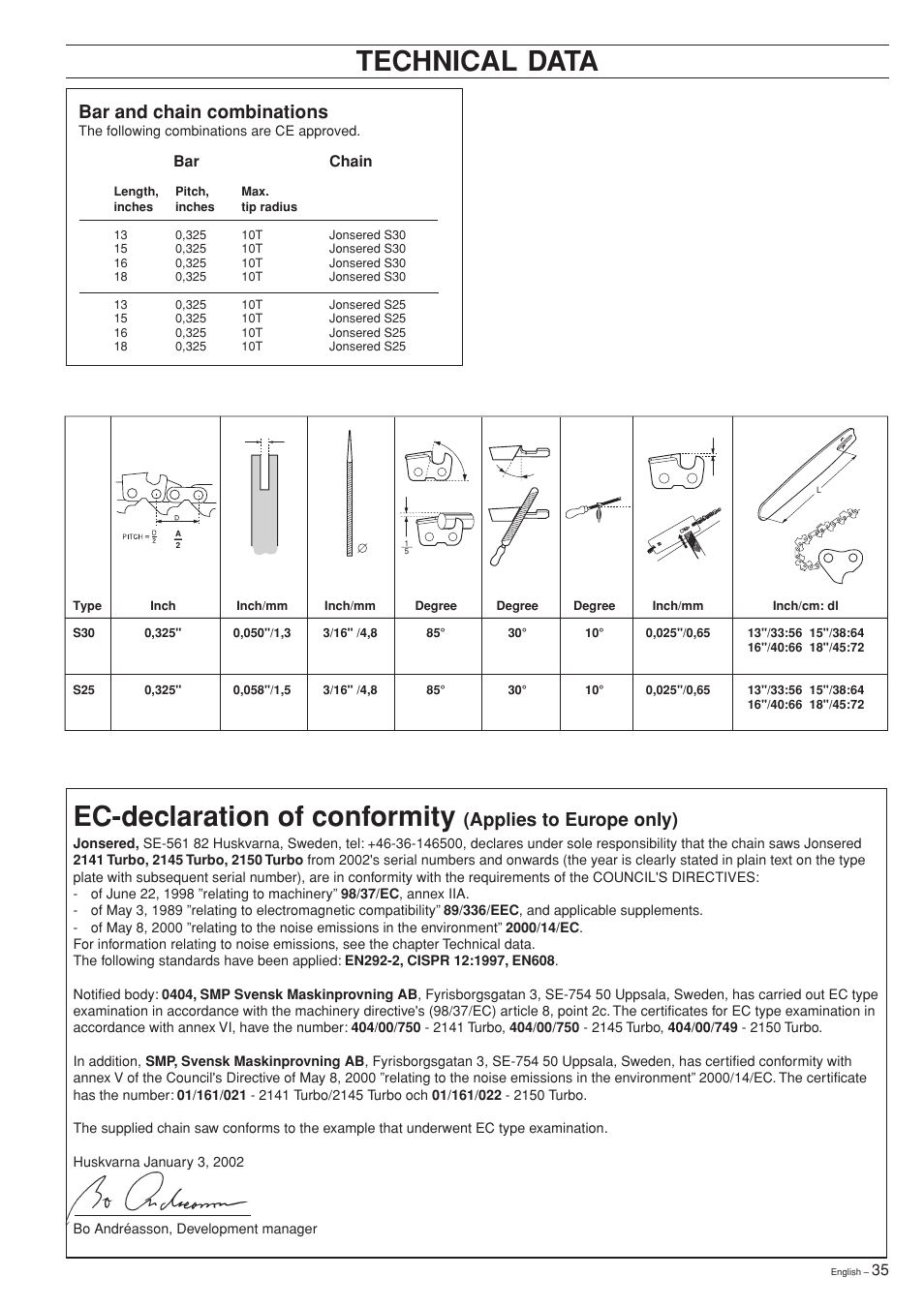 Bar and chain combinations, Ec-declaration of conformity, Technical data | Applies to europe only) | Jonsered 2141 User Manual | Page 35 / 36