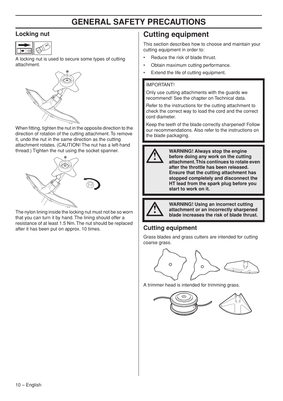 Locking nut, Cutting equipment, General safety precautions | Jonsered GC2236 User Manual | Page 10 / 36