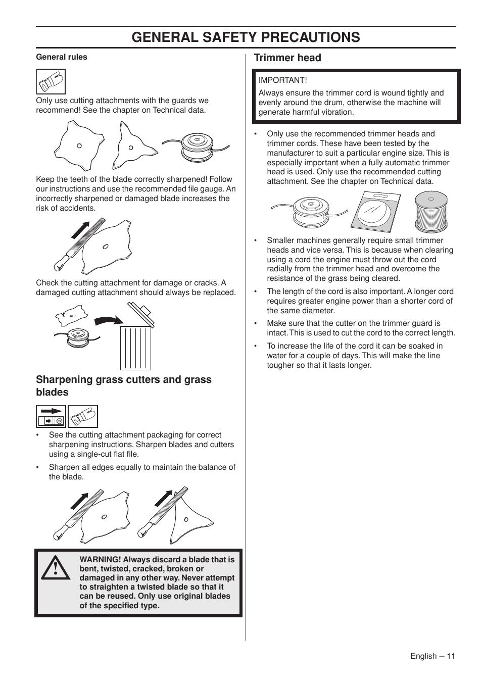 Sharpening grass cutters and grass blades, Trimmer head, General safety precautions | Jonsered GC2236 User Manual | Page 11 / 36