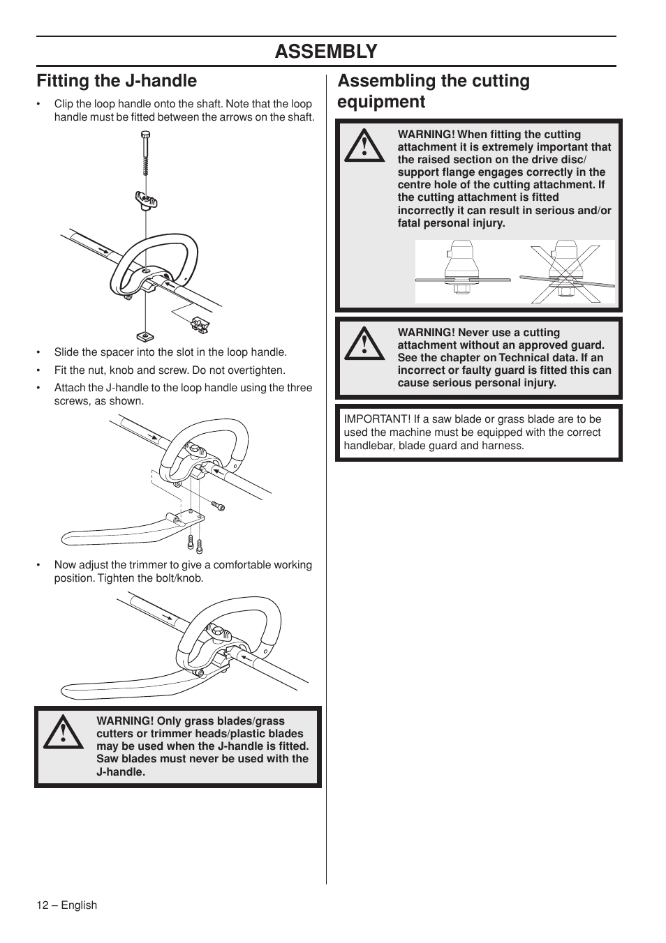 Fitting the j-handle, Assembling the cutting equipment, Assembly | Jonsered GC2236 User Manual | Page 12 / 36