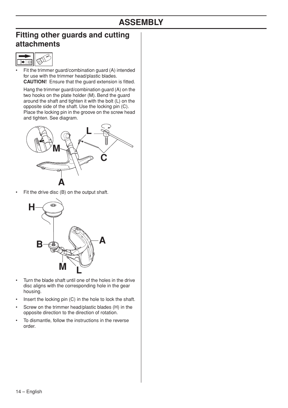 Fitting other guards and cutting attachments, Ba m l h, Al c m | Assembly | Jonsered GC2236 User Manual | Page 14 / 36