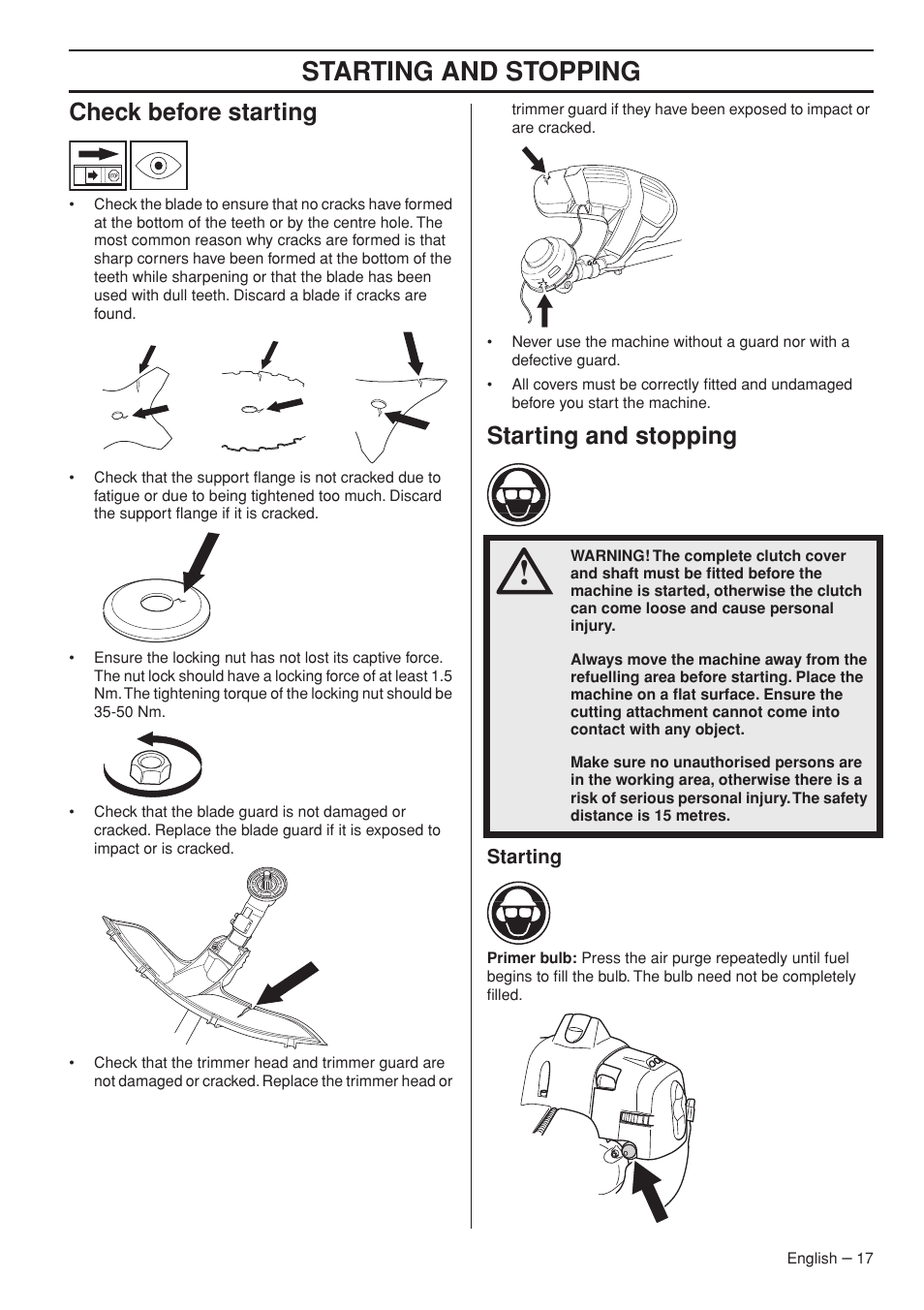 Check before starting, Starting and stopping, Starting | Jonsered GC2236 User Manual | Page 17 / 36