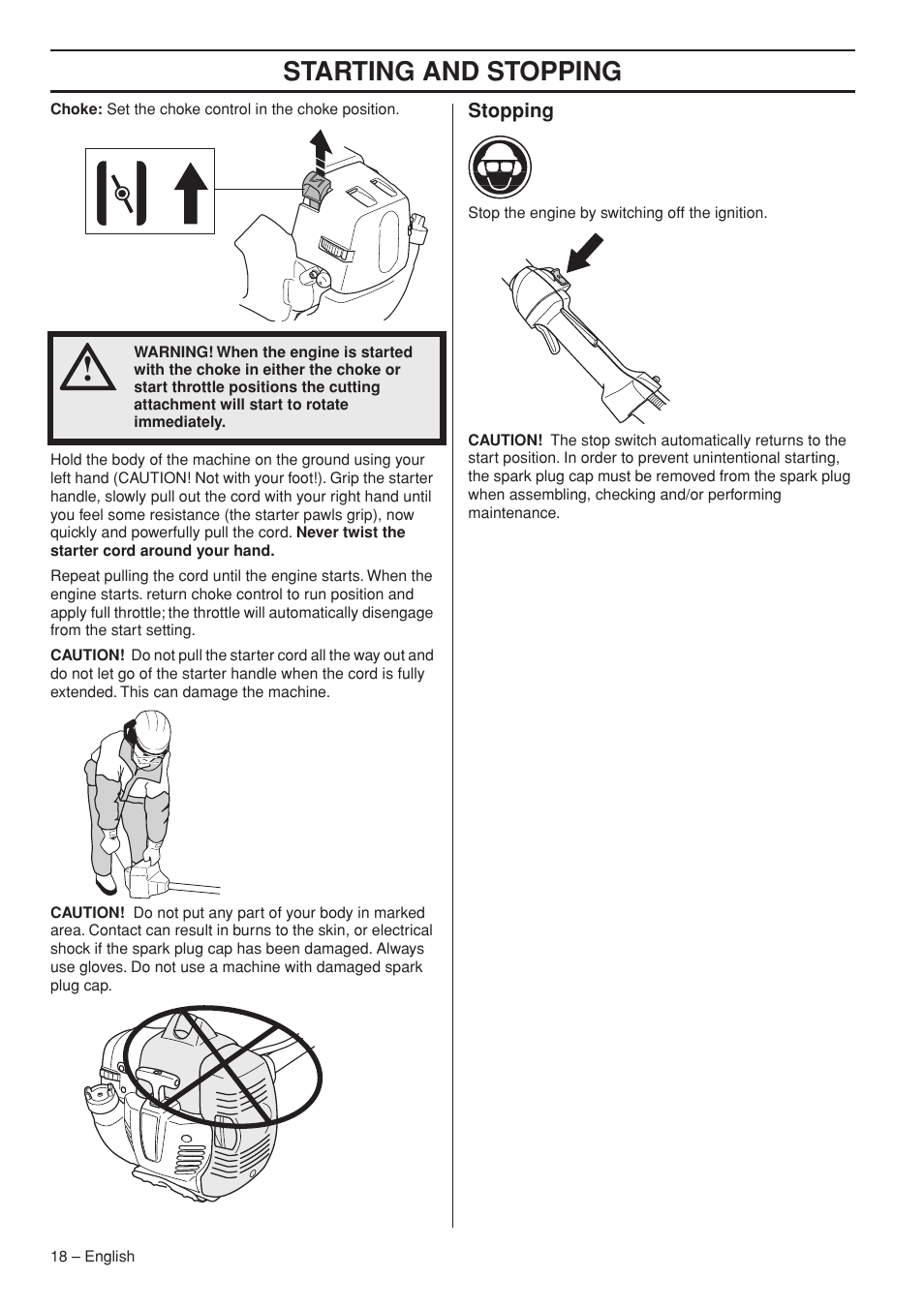 Stopping, Starting and stopping | Jonsered GC2236 User Manual | Page 18 / 36