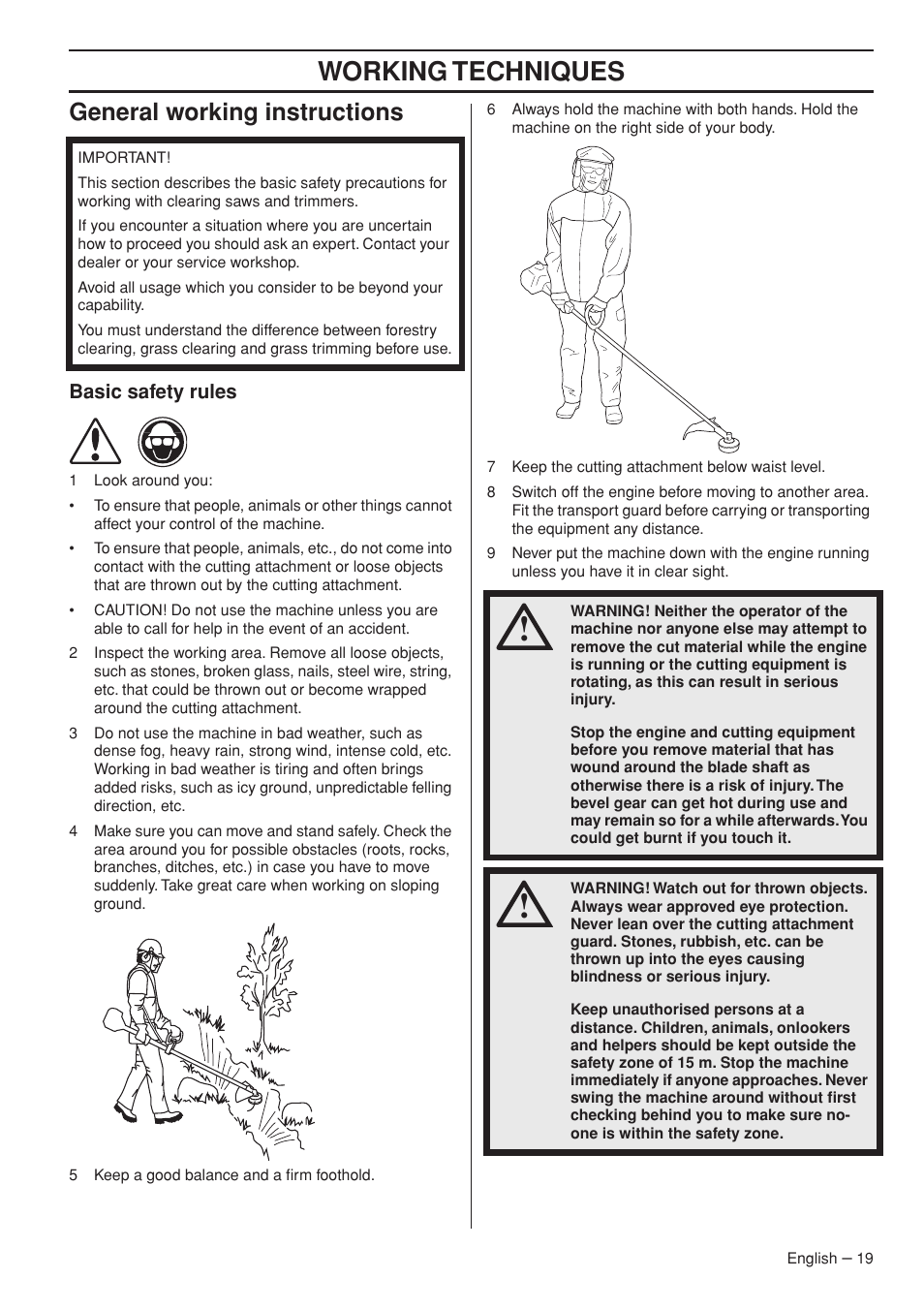 General working instructions, Basic safety rules, Working techniques | Jonsered GC2236 User Manual | Page 19 / 36