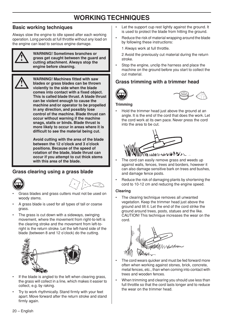 Basic working techniques, Grass clearing using a grass blade, Grass trimming with a trimmer head | Working techniques | Jonsered GC2236 User Manual | Page 20 / 36