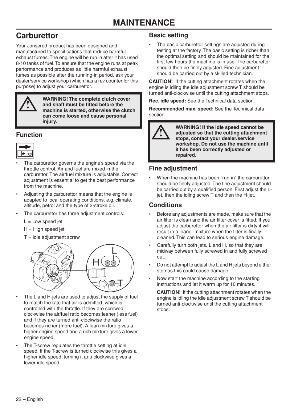 Carburettor, Function, Basic setting | Fine adjustment, Conditions, Hl t, Maintenance | Jonsered GC2236 User Manual | Page 22 / 36