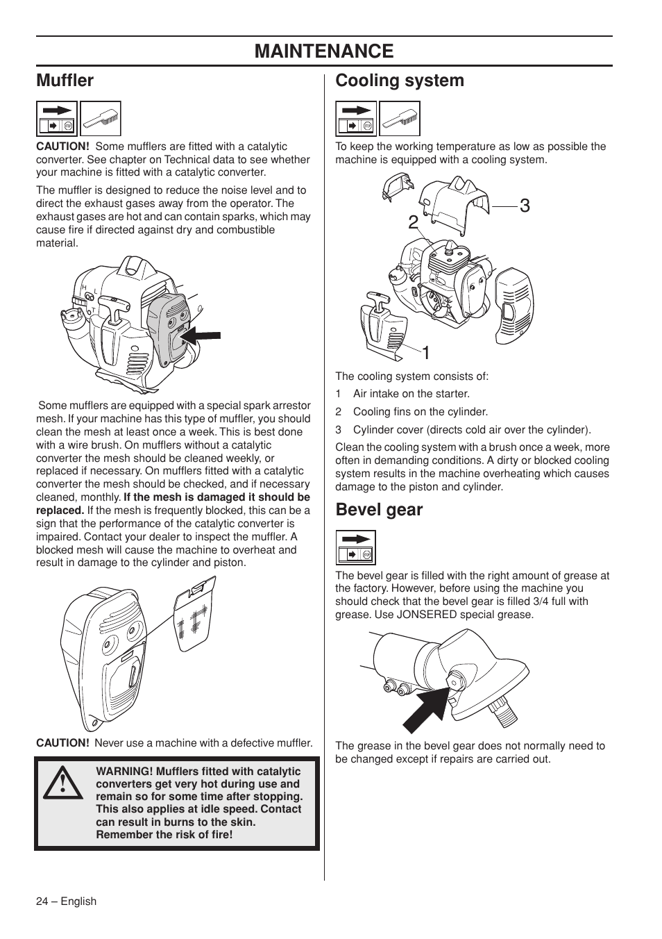 Muffler, Cooling system, Bevel gear | Maintenance | Jonsered GC2236 User Manual | Page 24 / 36
