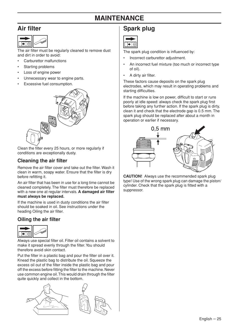 Air filter, Cleaning the air filter, Oiling the air filter | Spark plug, Maintenance | Jonsered GC2236 User Manual | Page 25 / 36