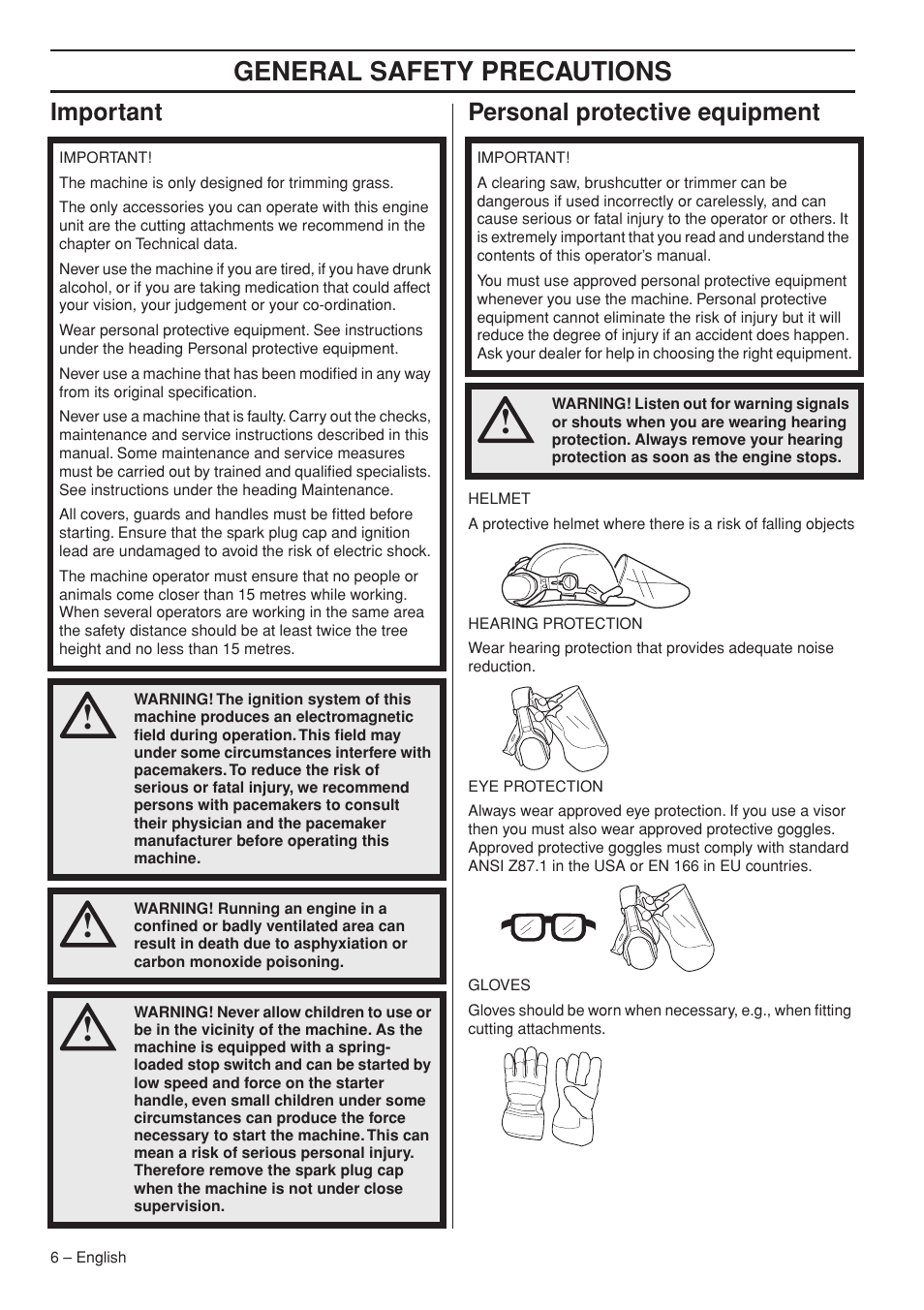 Important, Personal protective equipment, General safety preca utions | Impor tant personal protective equipment | Jonsered GC2236 User Manual | Page 6 / 36