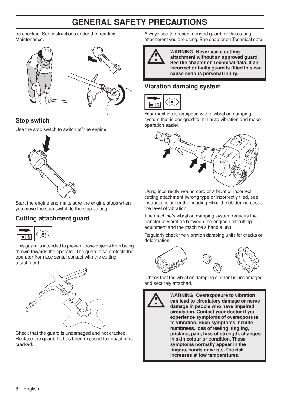 Stop switch, Cutting attachment guard, Vibration damping system | General safety preca utions | Jonsered GC2236 User Manual | Page 8 / 36