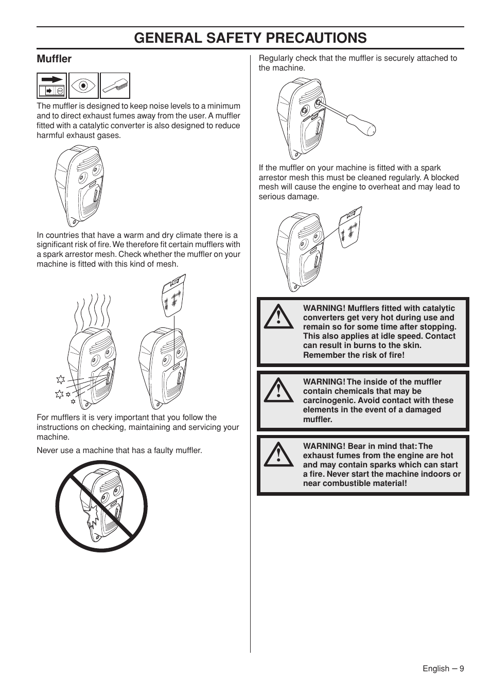 Muffler, General safety precautions | Jonsered GC2236 User Manual | Page 9 / 36