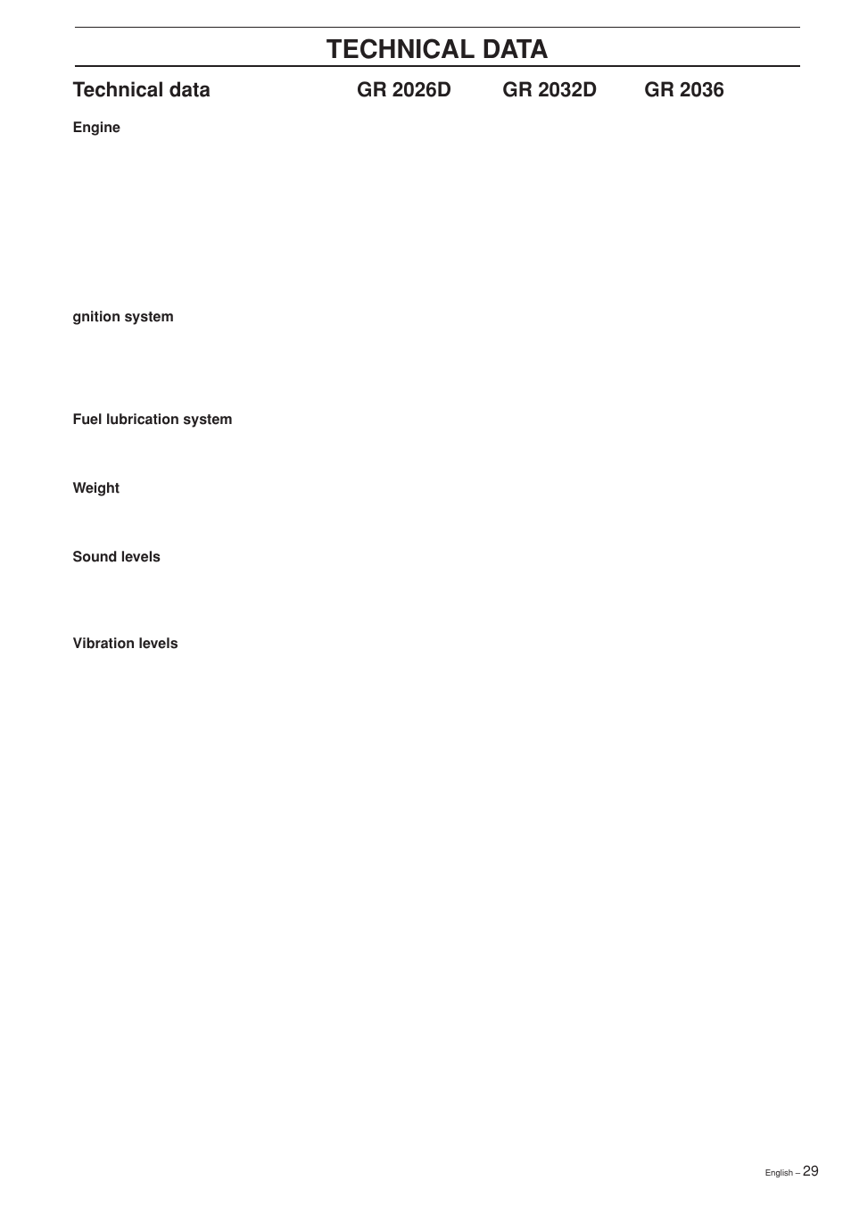 Technical data, Gr 2032d, Gr 2036 | Gr 2026d | Jonsered GR 2036 User Manual | Page 29 / 40