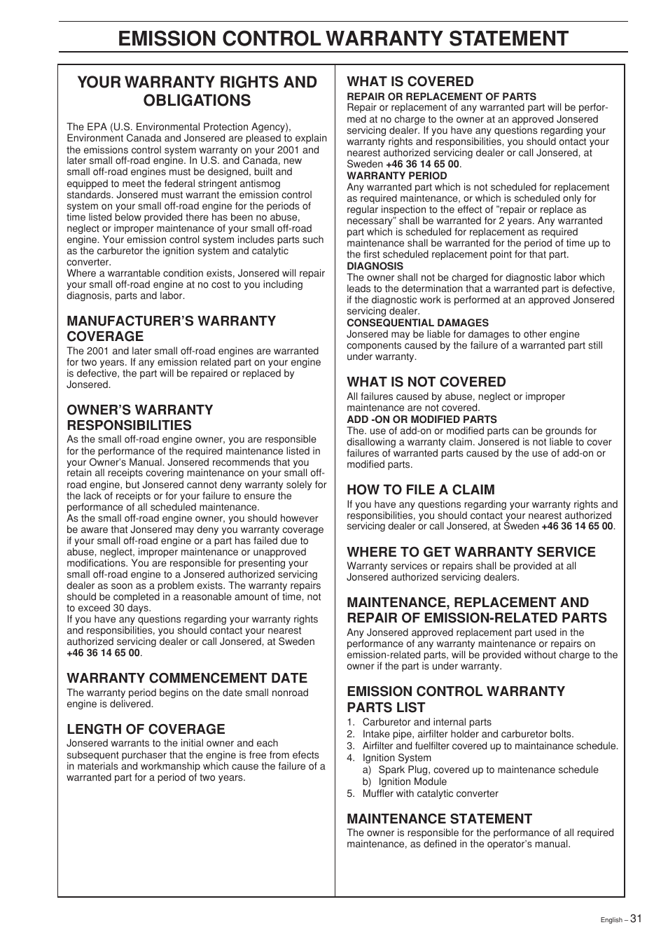Emission control warranty statement, Your warranty rights and obligations | Jonsered GR 2036 User Manual | Page 31 / 40