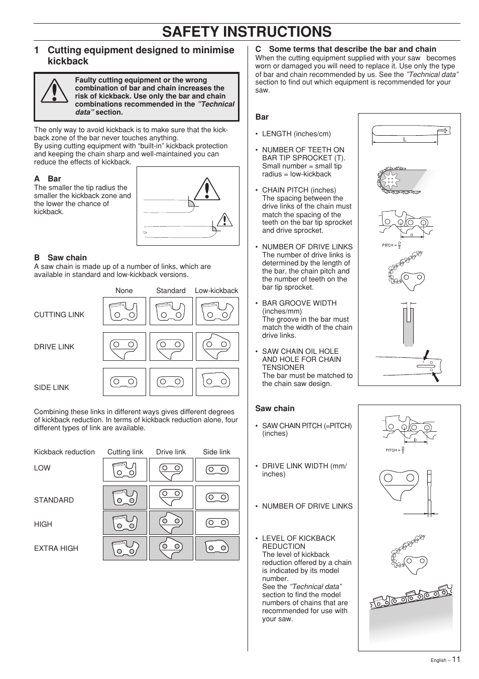 Safety instructions, 1 cutting equipment designed to minimise kickback | Jonsered 2150 User Manual | Page 11 / 36