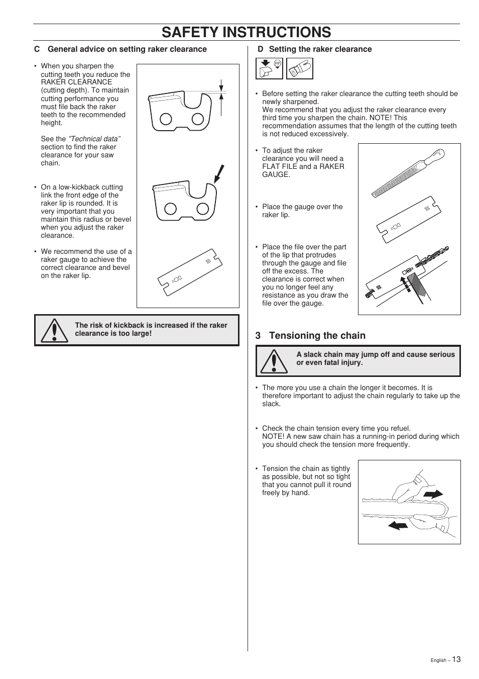 Safety instructions, 3 tensioning the chain | Jonsered 2150 User Manual | Page 13 / 36