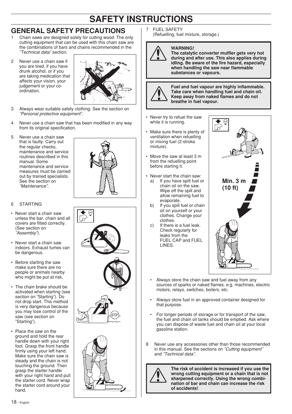 Safety instructions, General safety precautions, Min. 3 m (10 ft) | Jonsered 2150 User Manual | Page 18 / 36