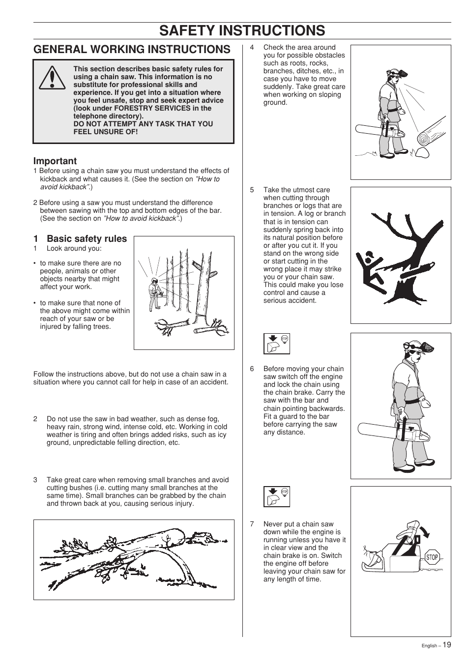 Safety instructions, General working instructions, Important | 1 basic safety rules | Jonsered 2150 User Manual | Page 19 / 36