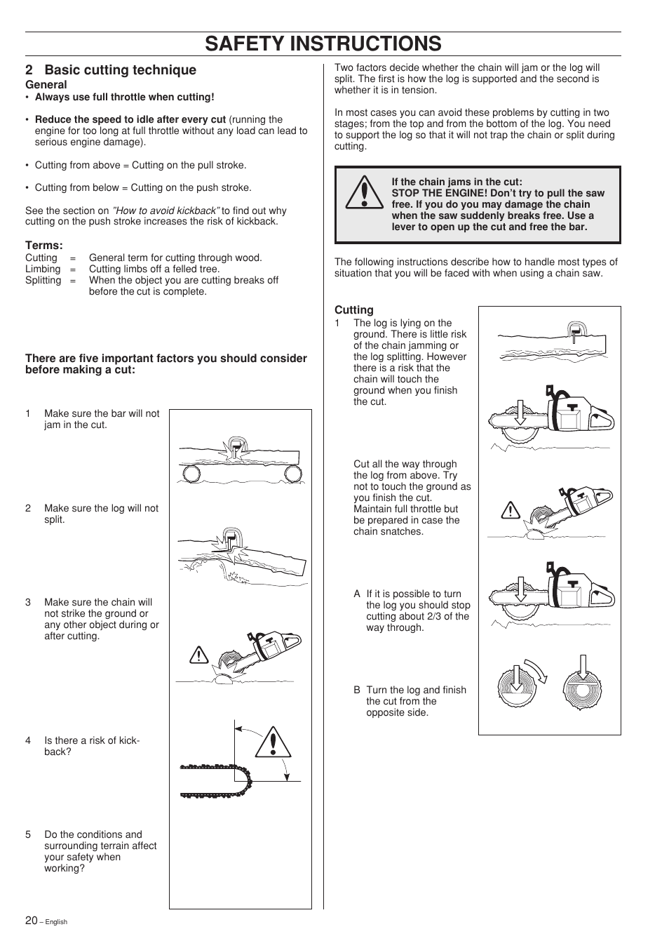 Safety instructions, 2 basic cutting technique | Jonsered 2150 User Manual | Page 20 / 36