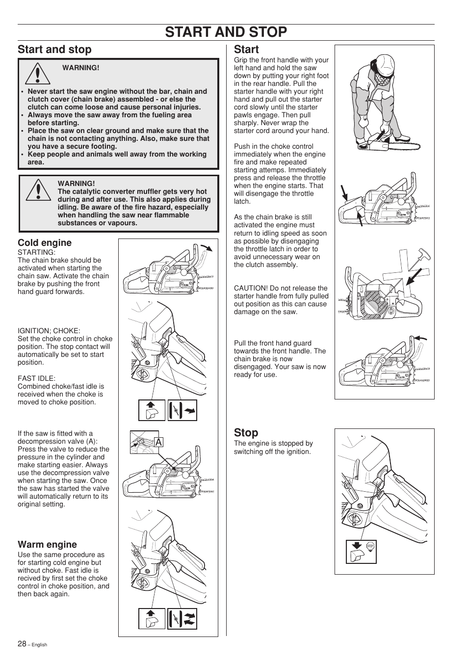 Start and stop, Stop, Start | Jonsered 2150 User Manual | Page 28 / 36