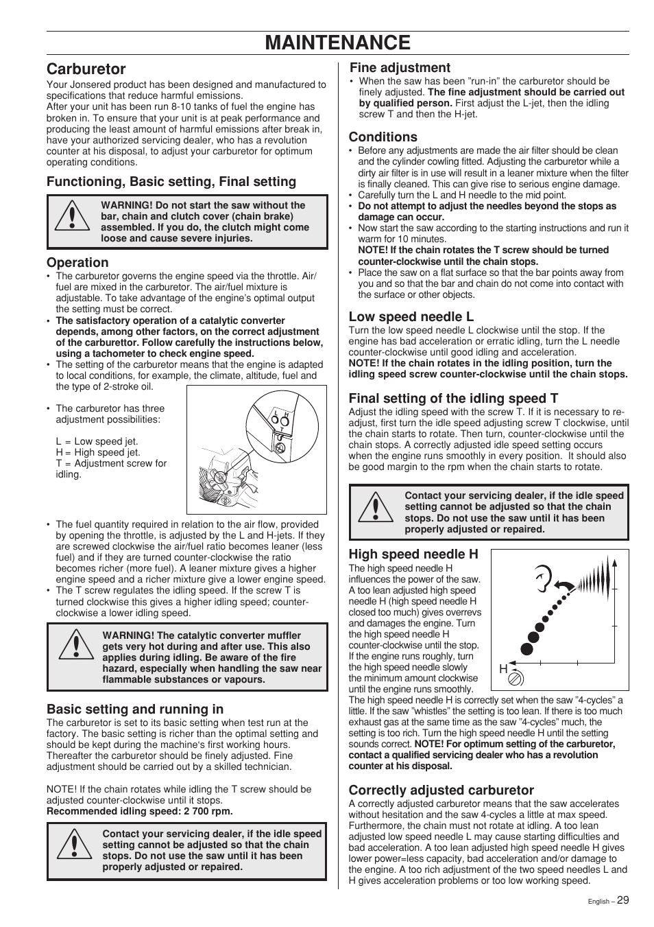 Maintenance, Carburetor | Jonsered 2150 User Manual | Page 29 / 36