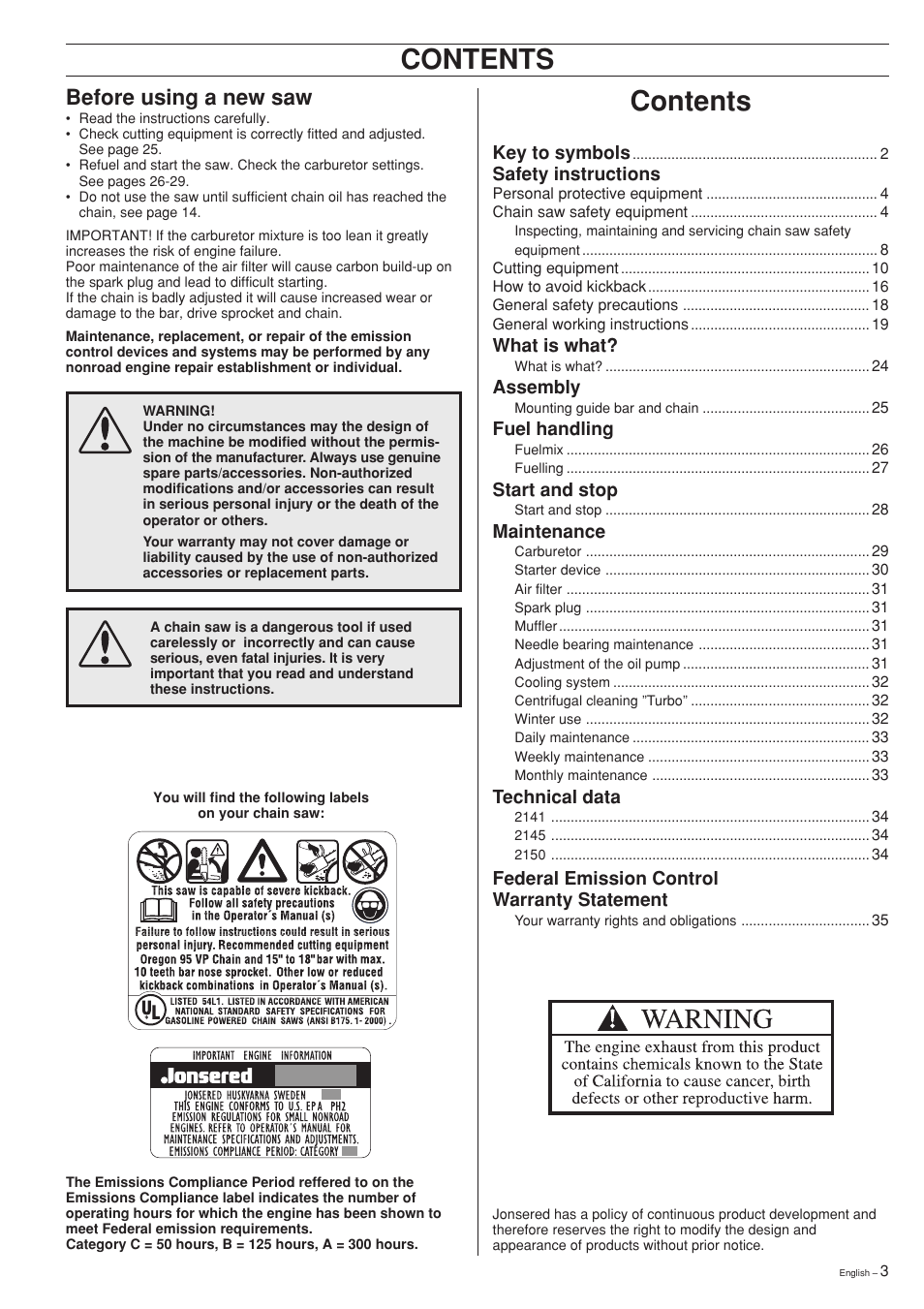 Jonsered 2150 User Manual | Page 3 / 36