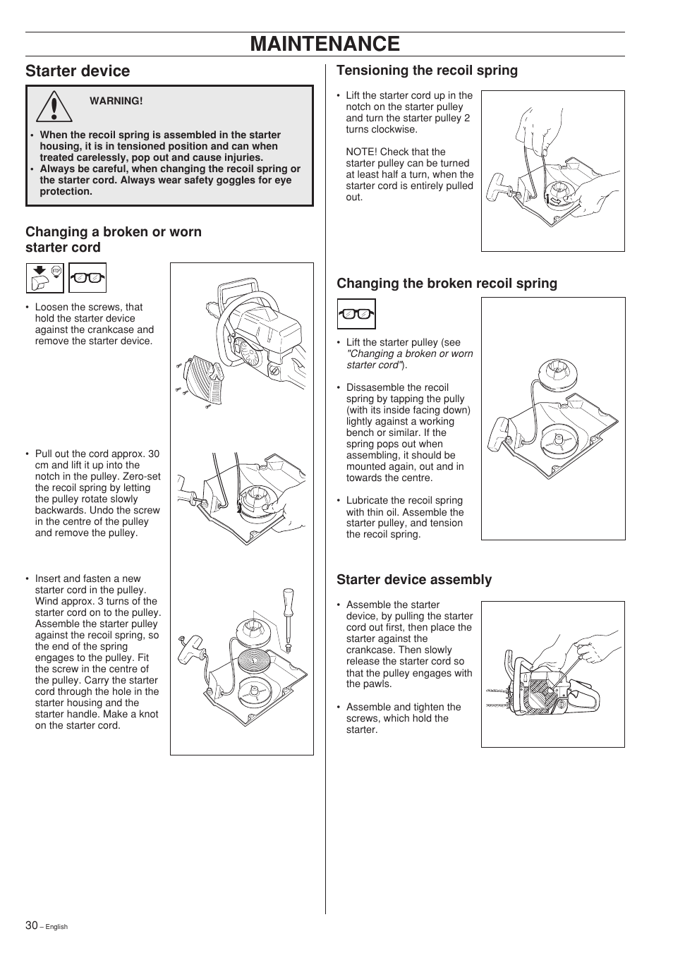 Maintenance, Starter device | Jonsered 2150 User Manual | Page 30 / 36