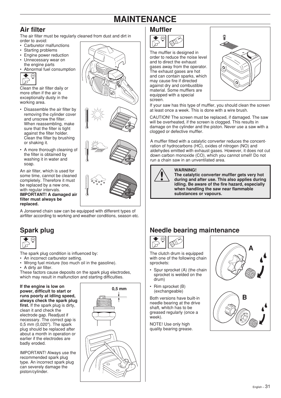 Maintenance, Muffler, Spark plug | Air filter, Needle bearing maintenance | Jonsered 2150 User Manual | Page 31 / 36