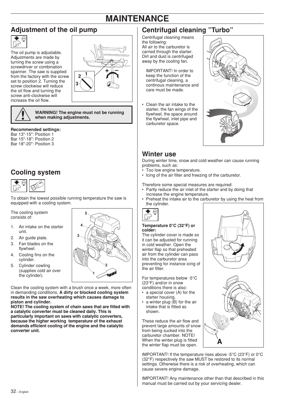 Maintenance, Cooling system, Centrifugal cleaning ”turbo | Winter use, Adjustment of the oil pump | Jonsered 2150 User Manual | Page 32 / 36