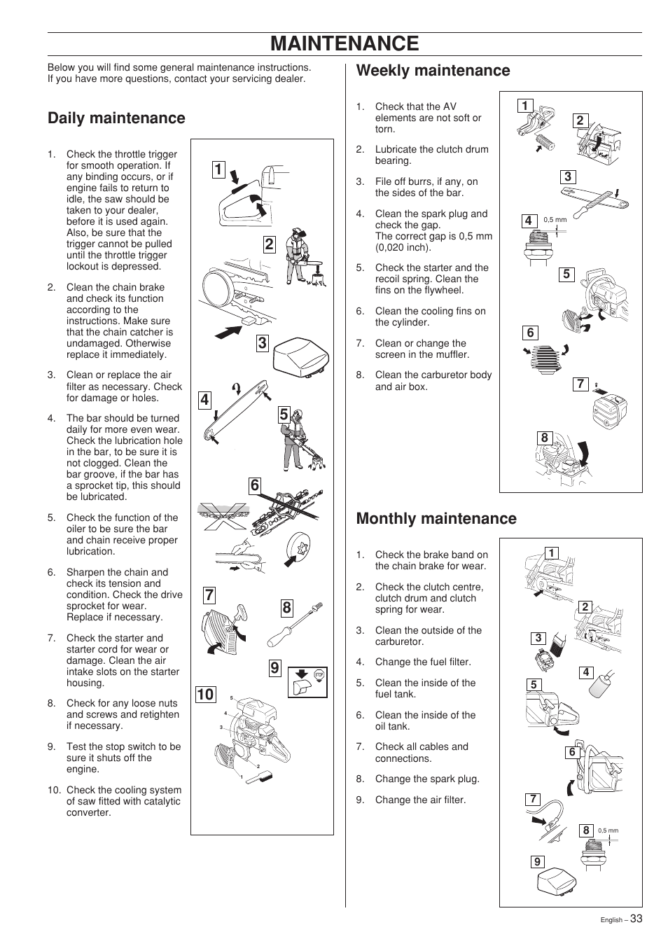 Daily maintenance, Weekly maintenance, Monthly maintenance | Maintenance | Jonsered 2150 User Manual | Page 33 / 36