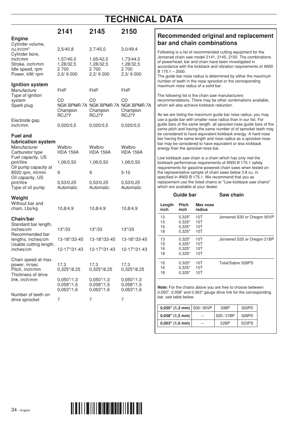 Technical data, Xr•¶5 | Jonsered 2150 User Manual | Page 34 / 36