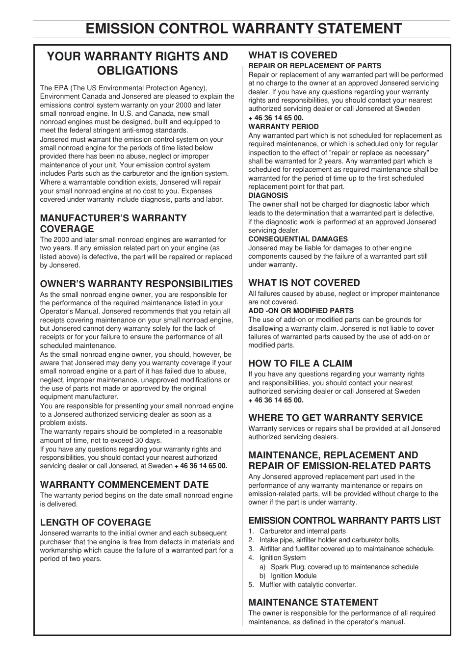 Emission control warranty statement, Your warranty rights and obligations | Jonsered 2150 User Manual | Page 35 / 36
