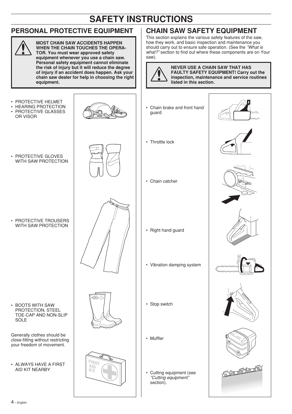 Safety instructions, Chain saw safety equipment, Personal protective equipment | Jonsered 2150 User Manual | Page 4 / 36