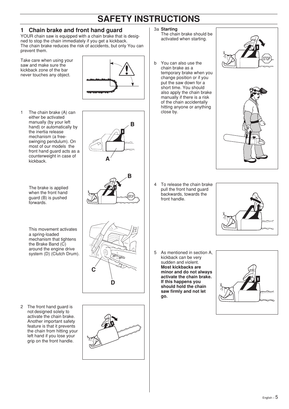Safety instructions, 1 chain brake and front hand guard, Ab b c d | Jonsered 2150 User Manual | Page 5 / 36
