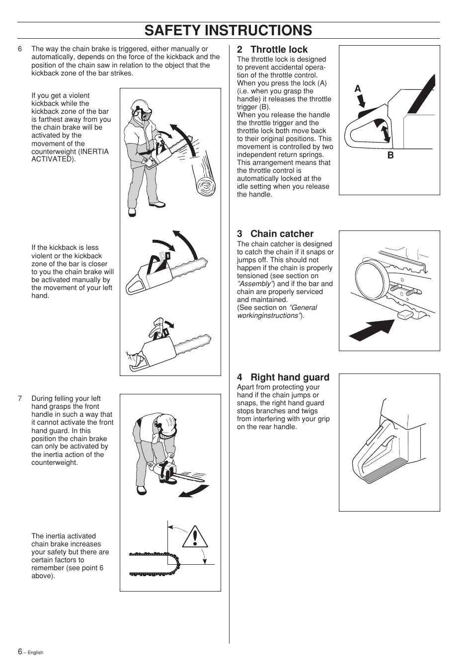 Safety instructions, 2 throttle lock, 3 chain catcher | 4 right hand guard | Jonsered 2150 User Manual | Page 6 / 36