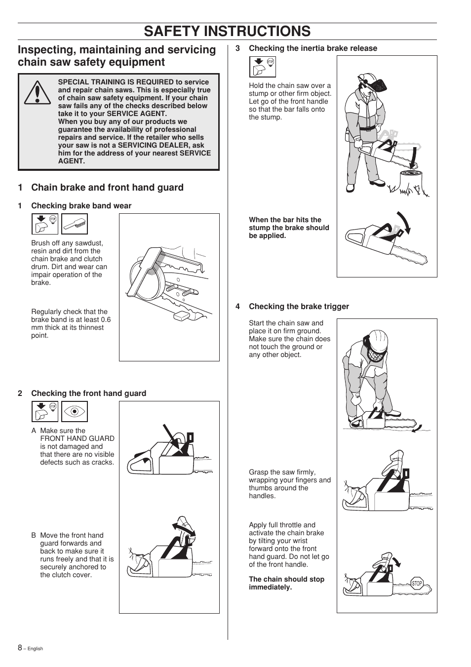 Safety instructions, 1 chain brake and front hand guard | Jonsered 2150 User Manual | Page 8 / 36