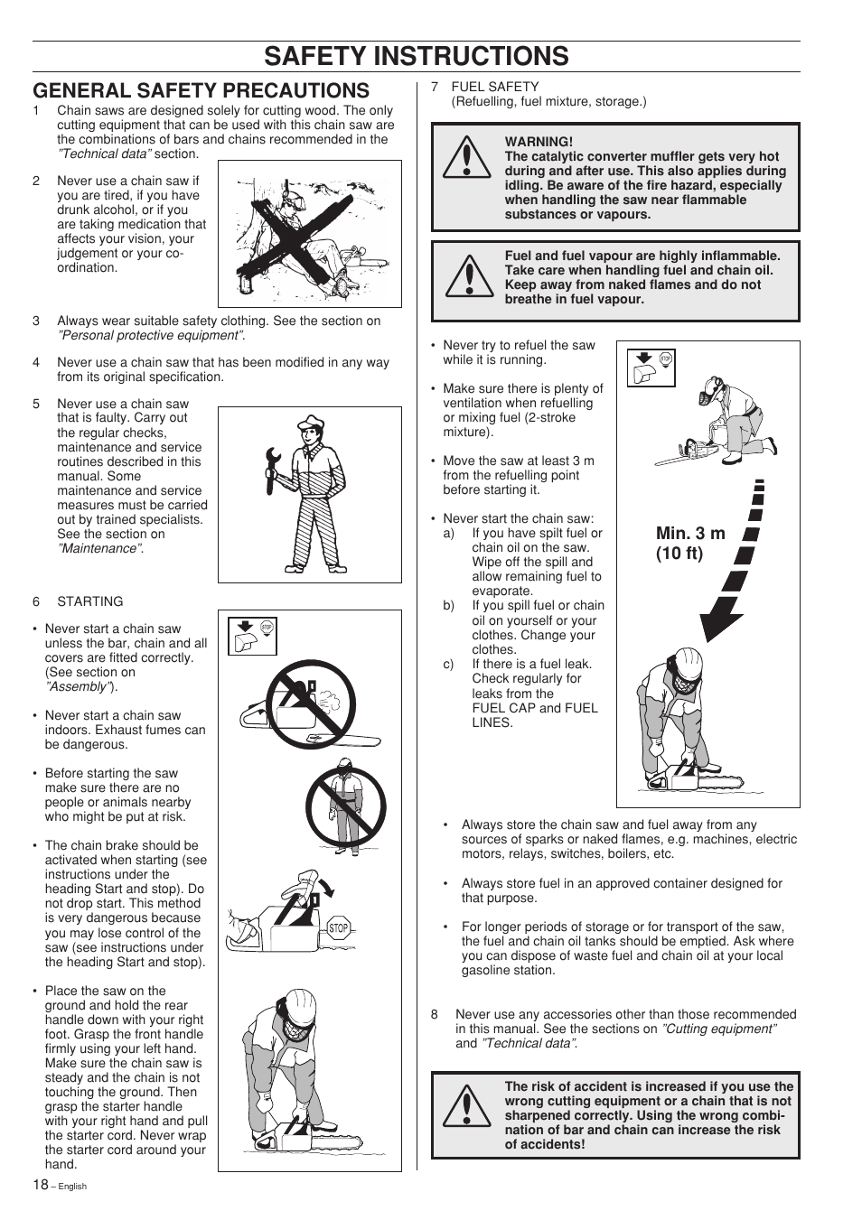Safety instructions, General safety precautions, Min. 3 m (10 ft) | Jonsered cs 2159 User Manual | Page 18 / 36