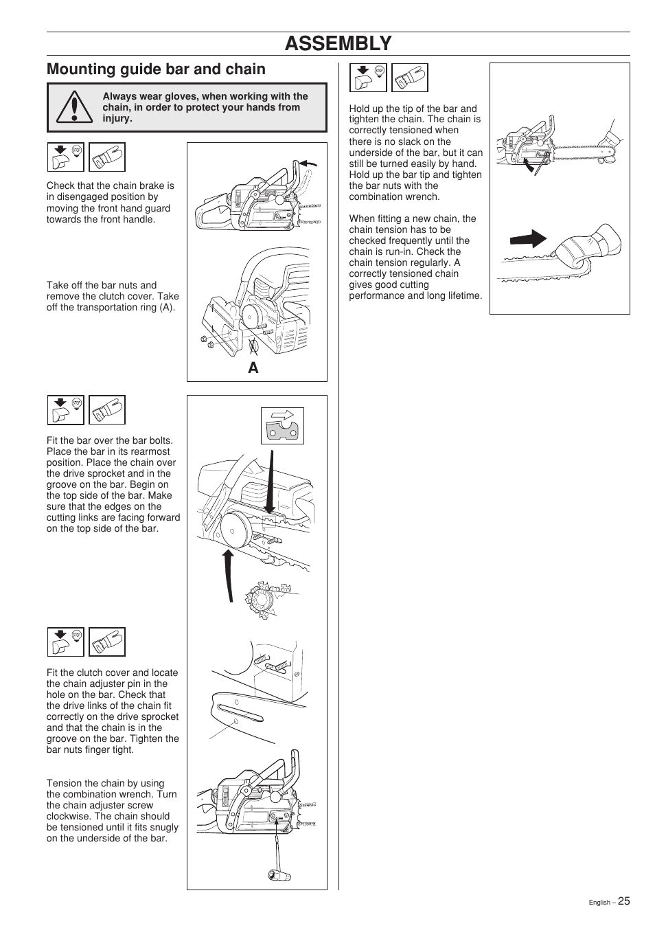 Assembly, Mounting guide bar and chain | Jonsered cs 2159 User Manual | Page 25 / 36
