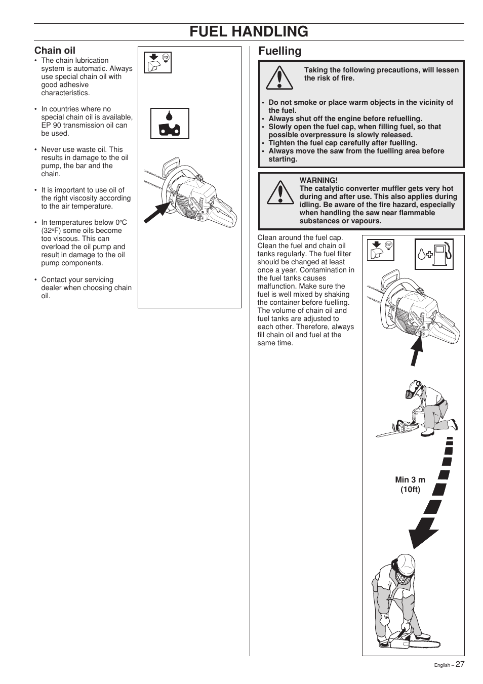 Fuel handling, Fuelling, Chain oil | Jonsered cs 2159 User Manual | Page 27 / 36
