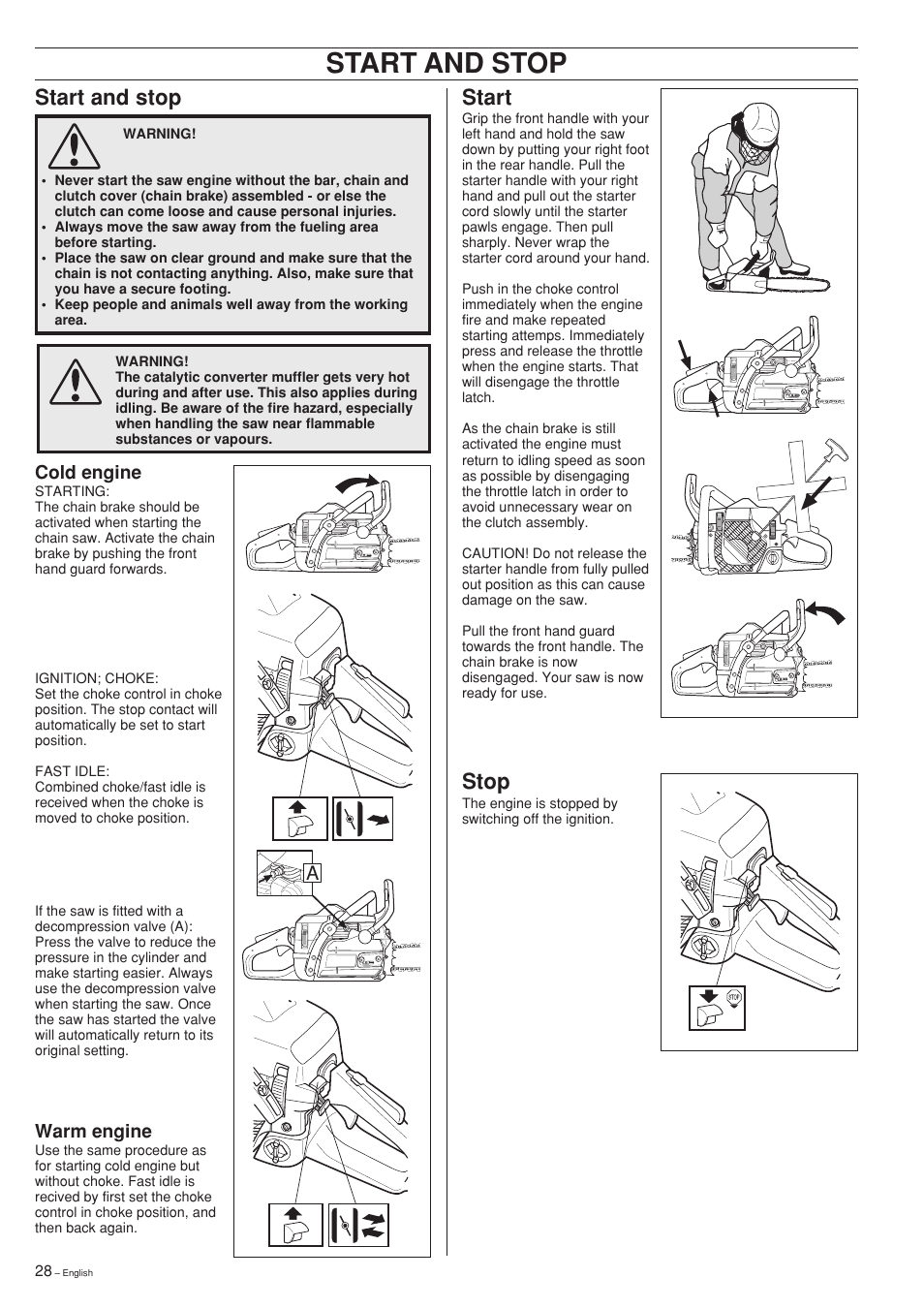 Start and stop, Start, Stop | Cold engine, Warm engine | Jonsered cs 2159 User Manual | Page 28 / 36